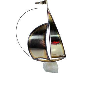 Vtg MCM Mario Jason Handmade Brass Sailboat Sculpture Marble Quartz Base Signed